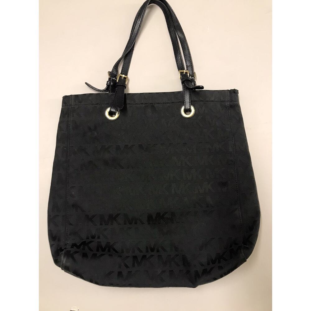 Michael Kors Jet Set Black Signature Purse Logo Canvas Leather Large Tote Bag